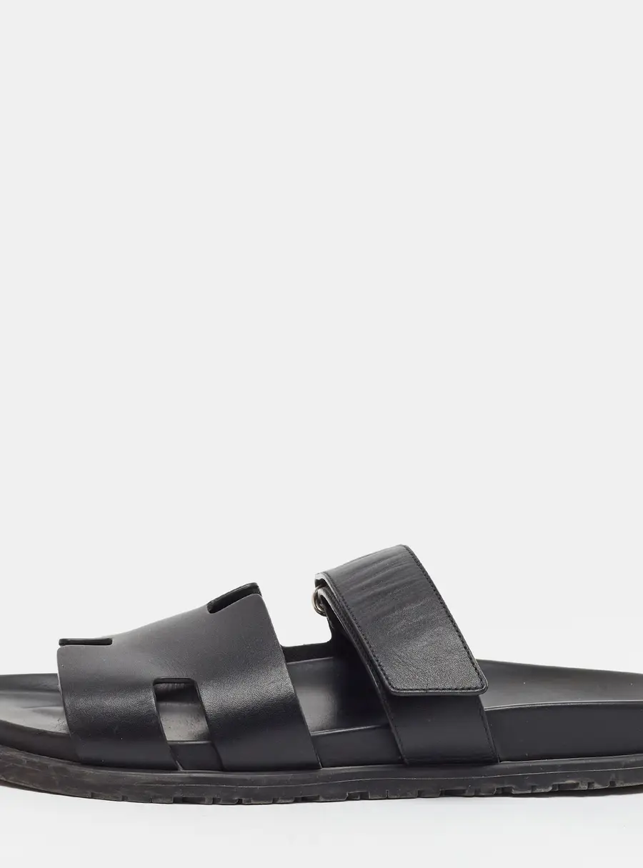 Hermes Chypre Size 44 Black Leather Flat Slides