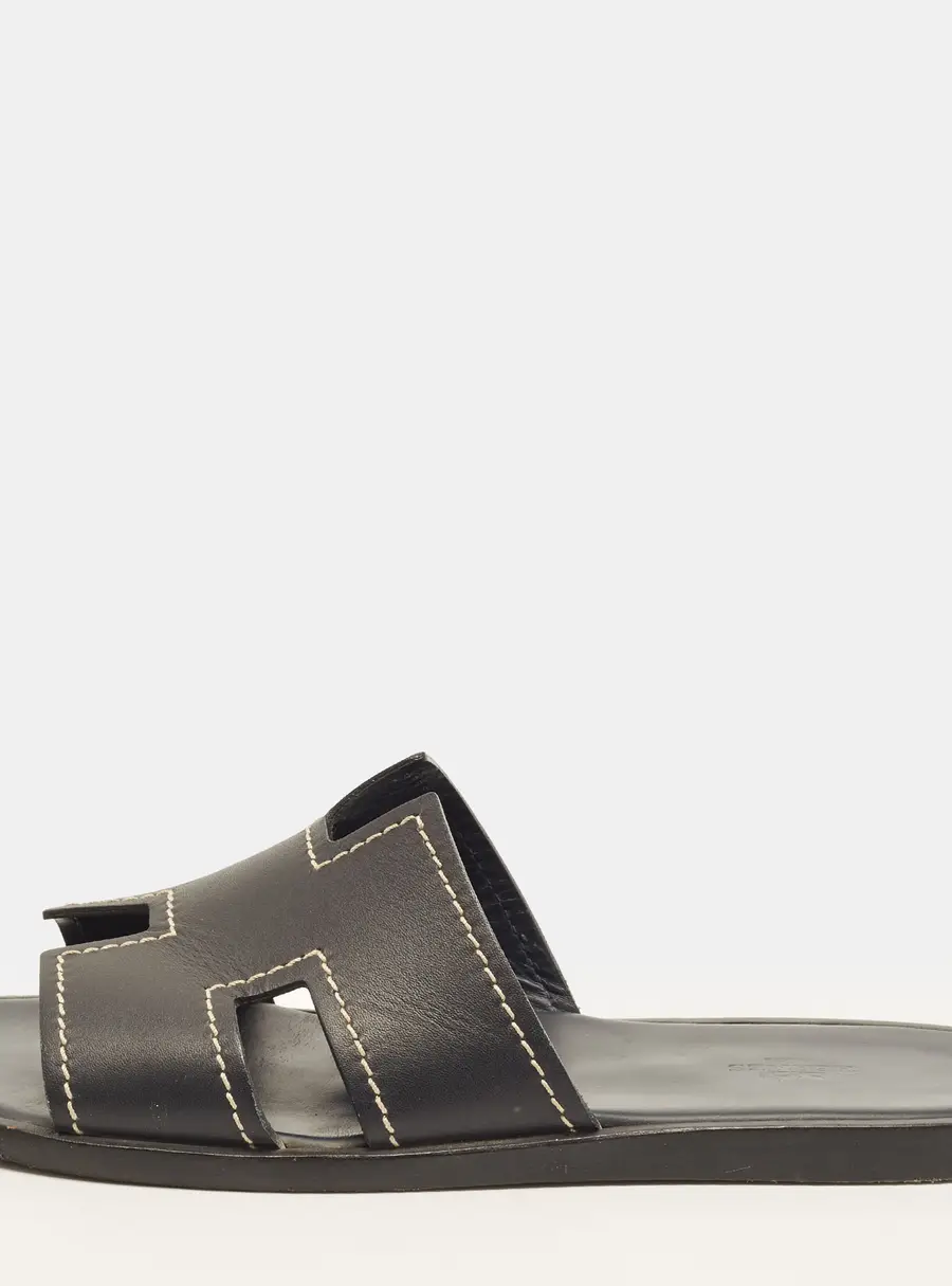 Hermes Izmir Size 43 Black Leather Flat Slides