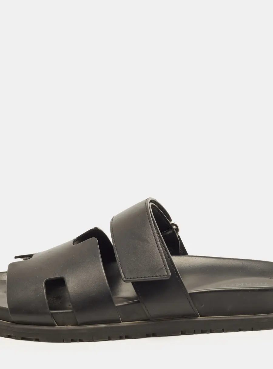 Hermes Chypre Size 40.5 Black Leather Flat Slide