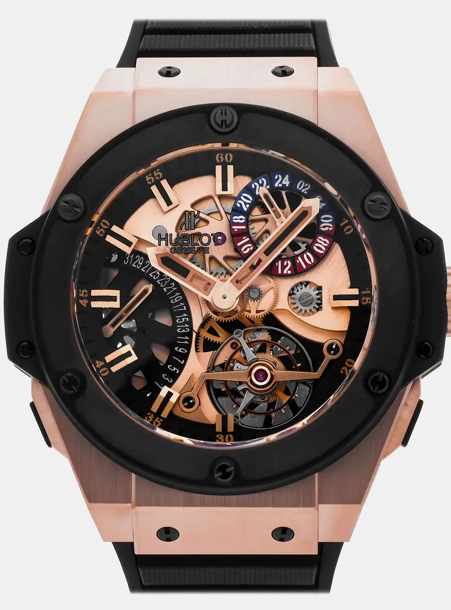 Hublot King Power Big Bang Tourbillon GMT 706.OM.1180.RX Manual Winding Skeleton Dial 18k King Gold Black Ceramic Men's Wristwatch 48mm
