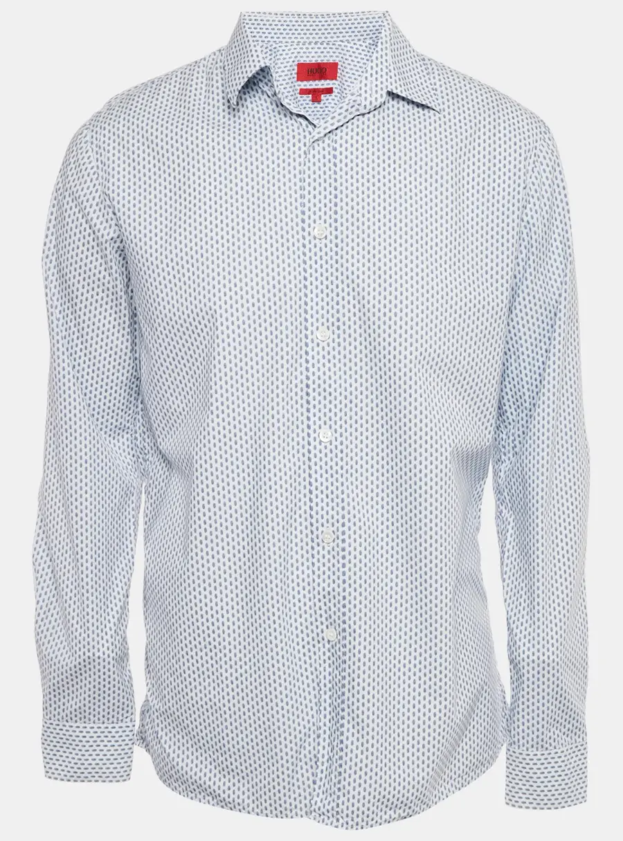 Hugo Boss White/Blue Printed Cotton Slim Line Shirt L