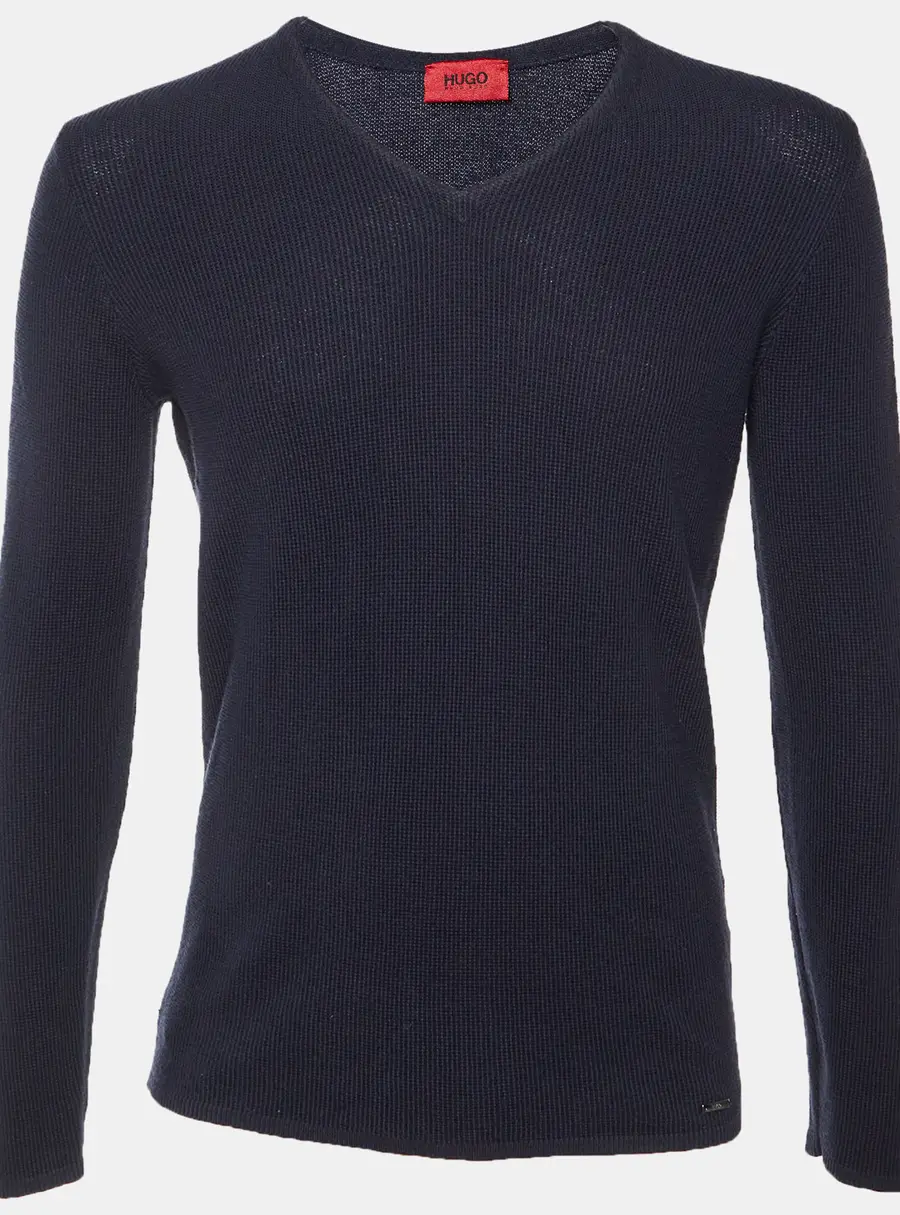Hugo Boss Navy Blue Patterned Cotton & Wool Knit V-Neck Jumper M