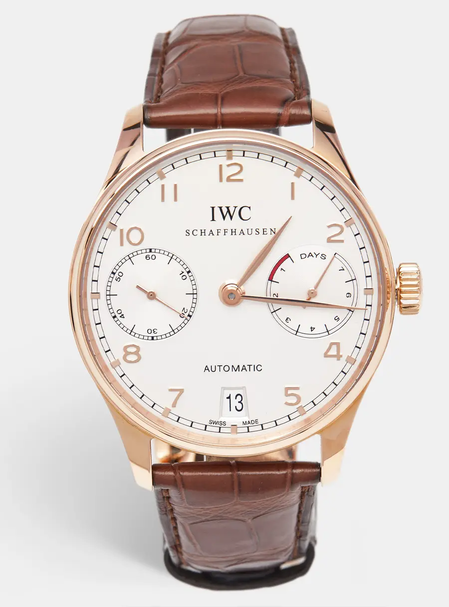 IWC Schaffhausen Portuguese IW5001-01 Silver Dial 18K Rose Gold Alligator Leather Men's Wristwatch 42.30 mm