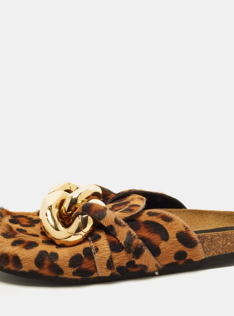 J.W.Anderson Size 44 Brown Leopard Print Calf Hair Chain Embellished Flat Mules