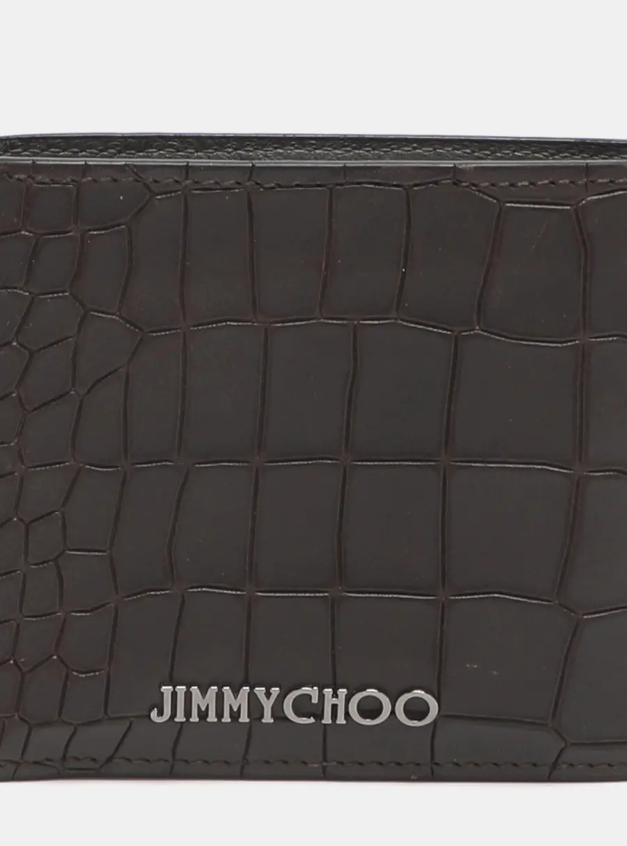 Jimmy Choo Brown Croc Embossed Leather Bifold Wallet