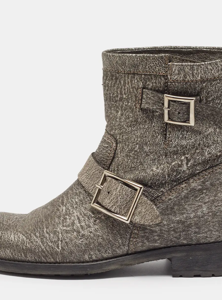 Jimmy Choo Platinum Size 38 Grey Textured Leather Buckle Detail Ankle Boots