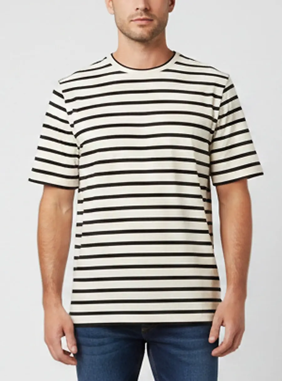Jil Sander Cream/Black Striped Logo Patch Rib Knit T-Shirt M