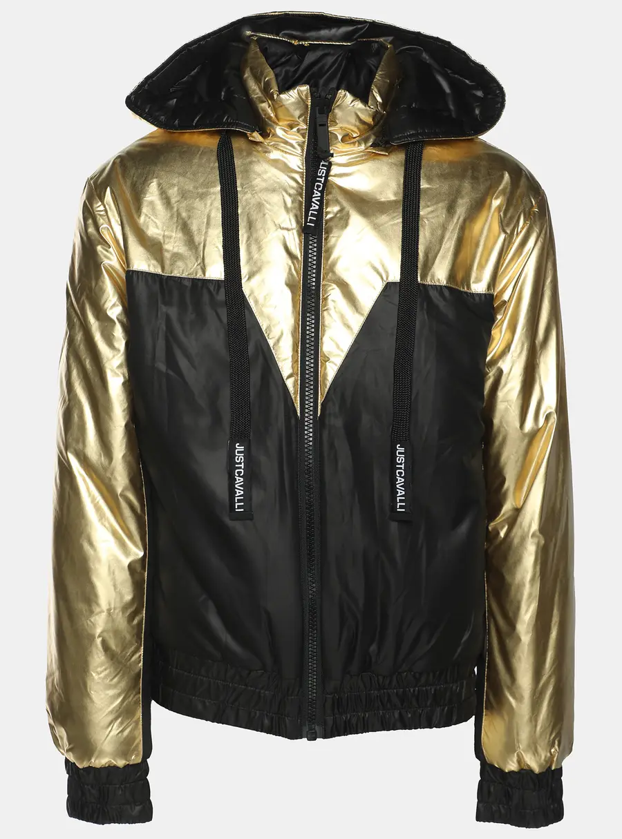 Just Cavalli Gold/Black Nylon Bomber Hoodie Jacket M