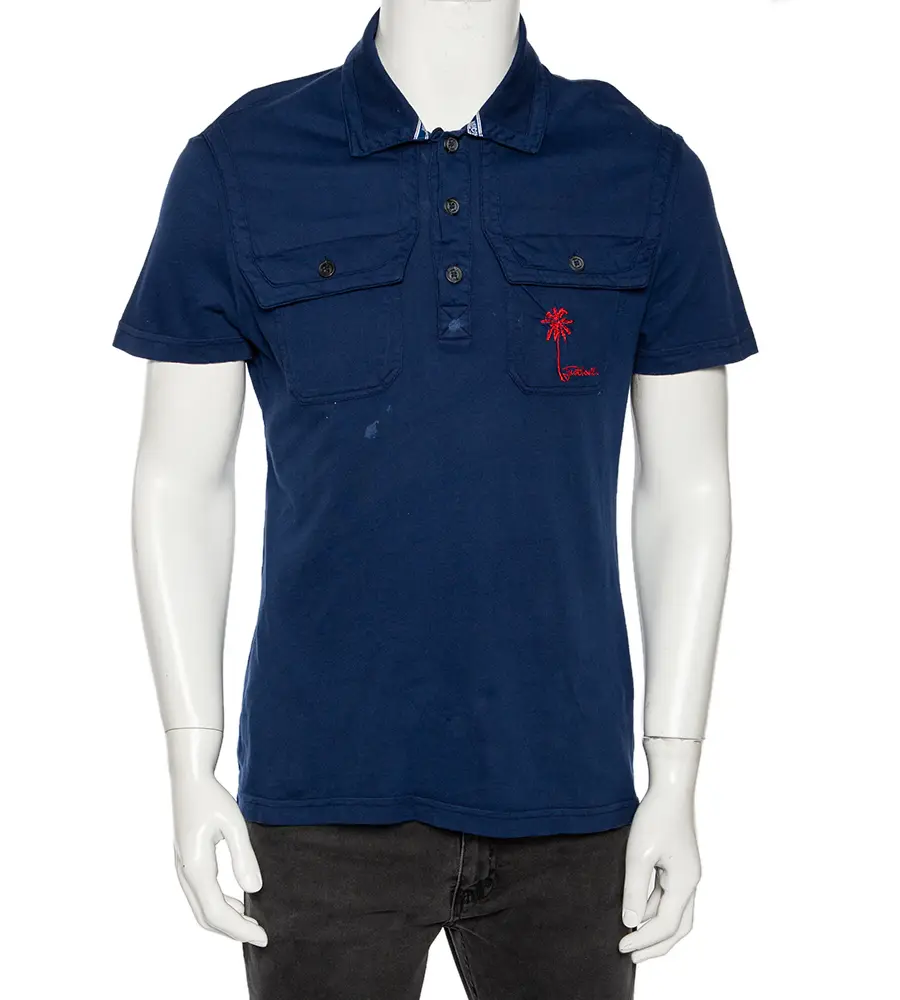 Just Cavalli Blue Cotton Palm Tree Embroidered Polo T Shirt XL