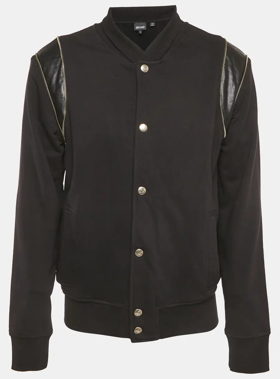 Just Cavalli Black Embroidered Cotton Knit Faux Leather Trim Jacket M