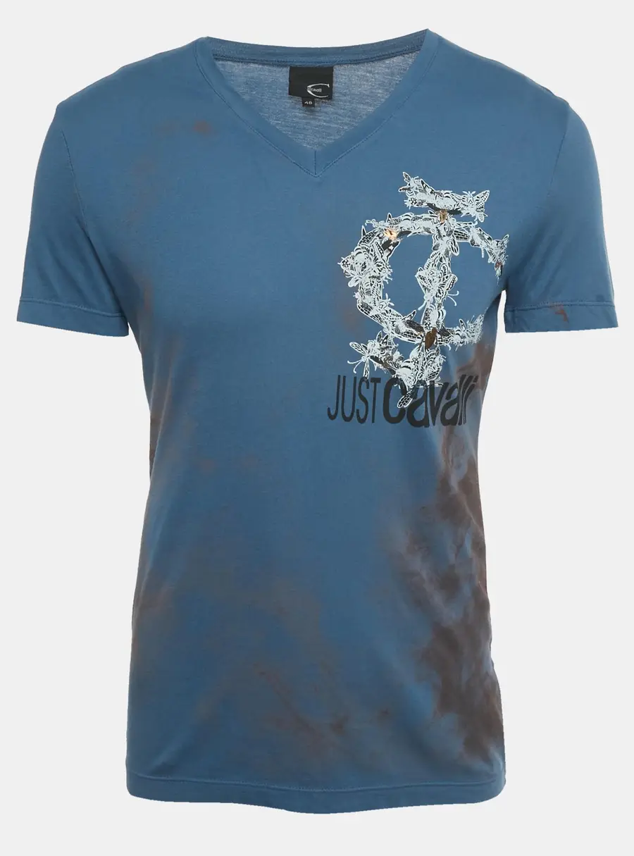 Just Cavalli Blue Printed Jersey V-Neck T-Shirt M