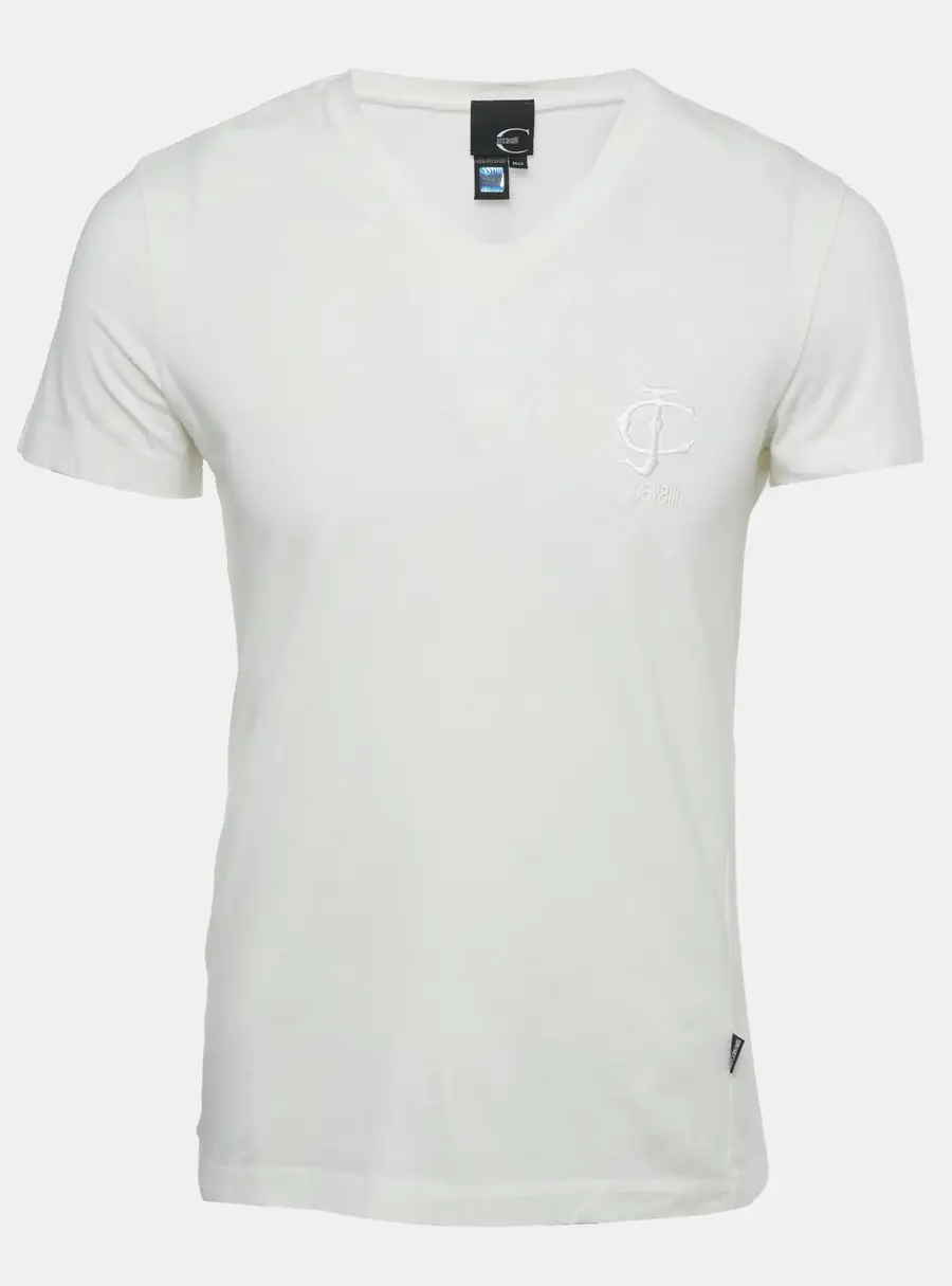 Just Cavalli White Logo Embroidered Jersey Fitted T-Shirt L