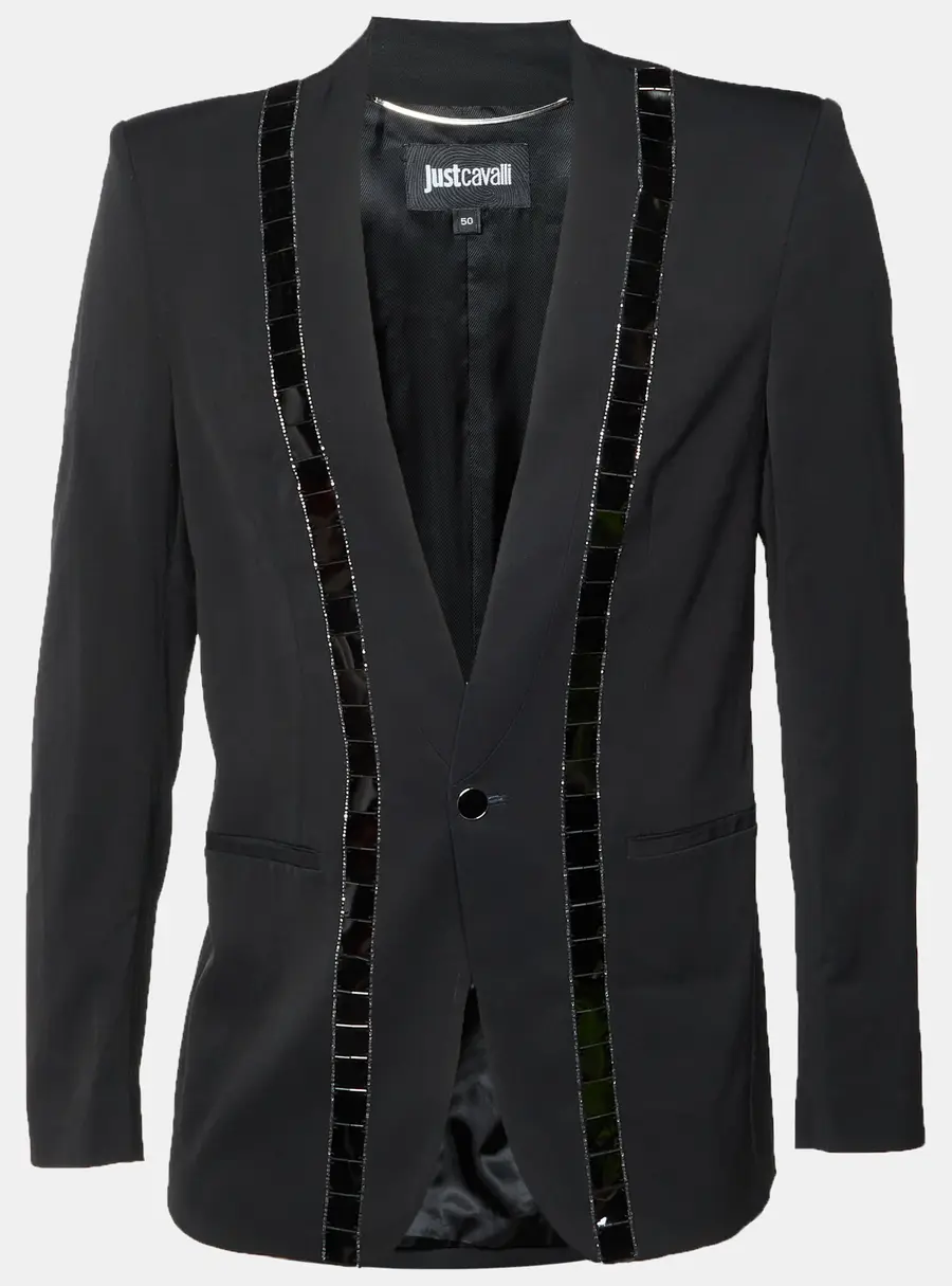 Just Cavalli Black Wool Blend Embellished Single Breasted Blazer L
