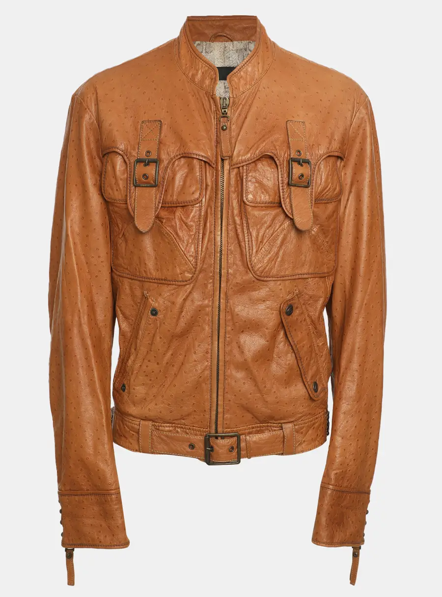 Just Cavalli Brown Textured Leather Jacket 3XL