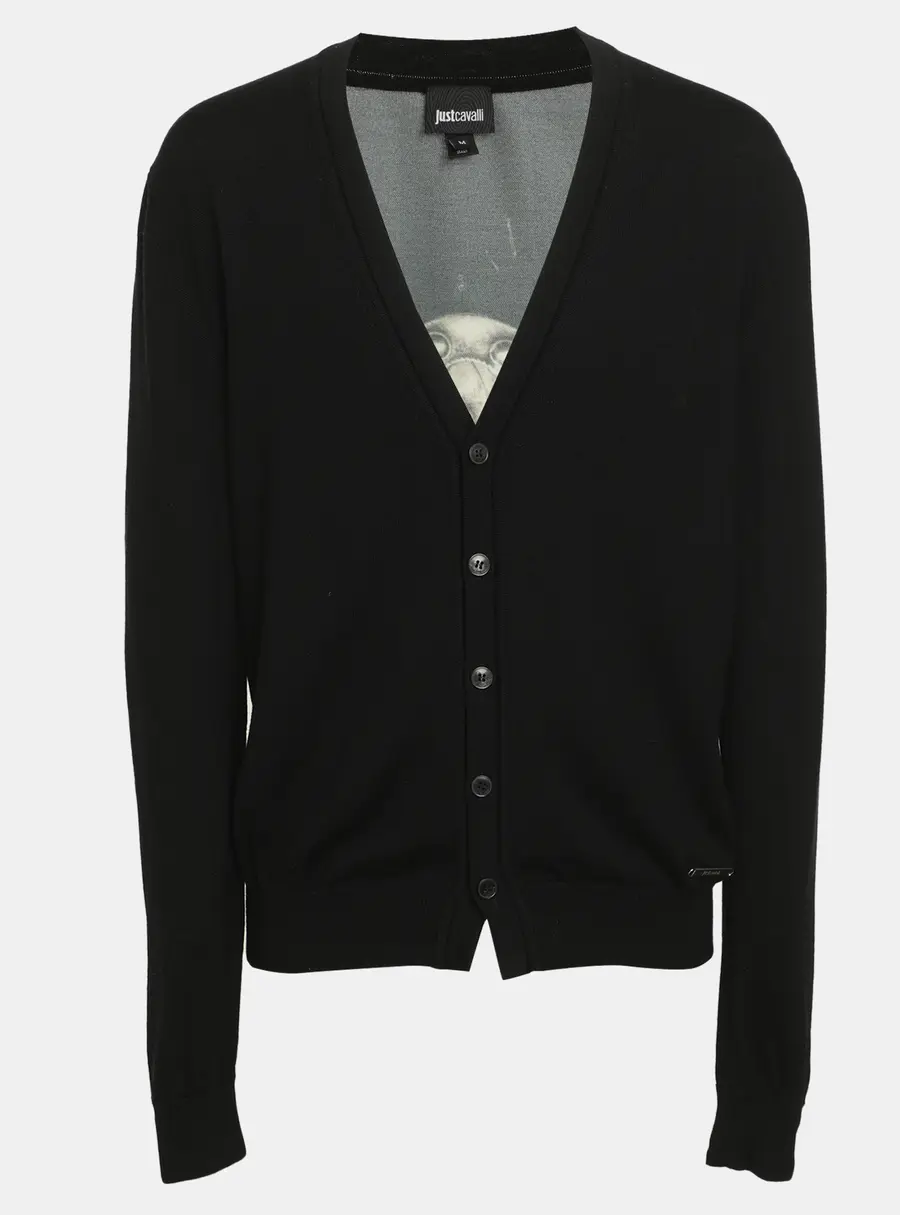 Just Cavalli Black/Grey Multicolor Printed Skull Wool Cardigan M