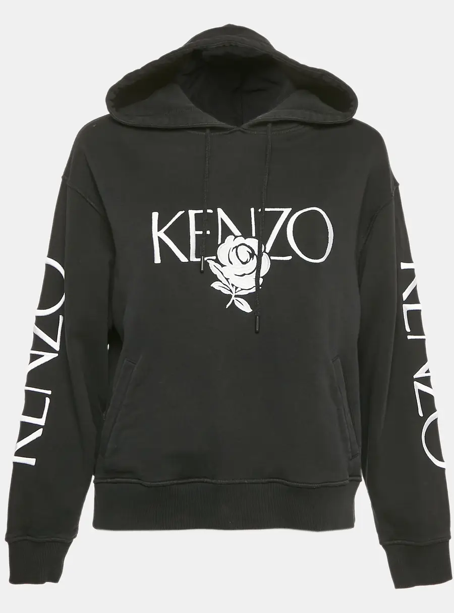 Kenzo Black Floral Logo Embroidery Cotton Hooded Sweatshirt S