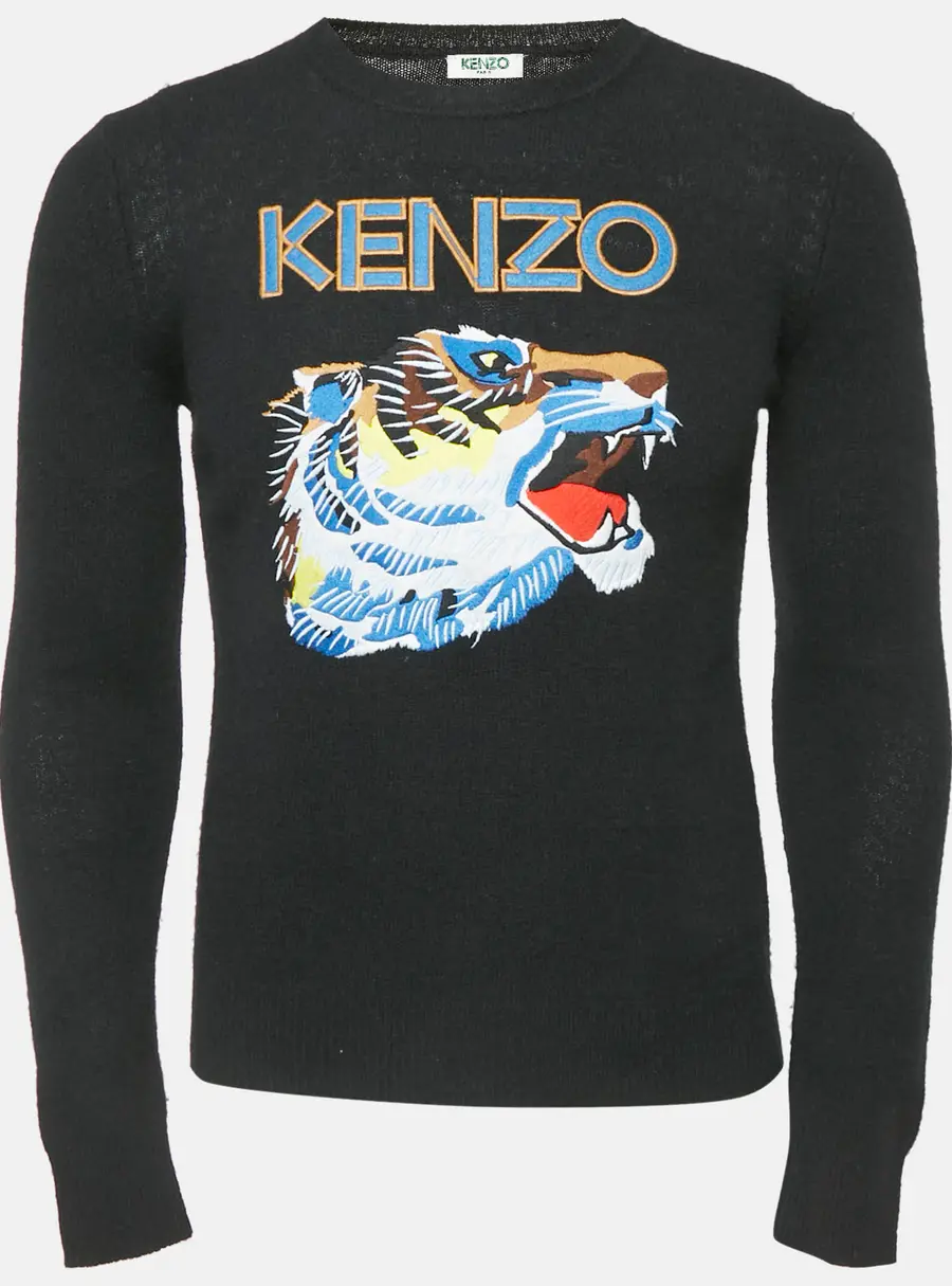 Kenzo Black Tiger Logo Embroidery Wool Blend Knit Sweater XS