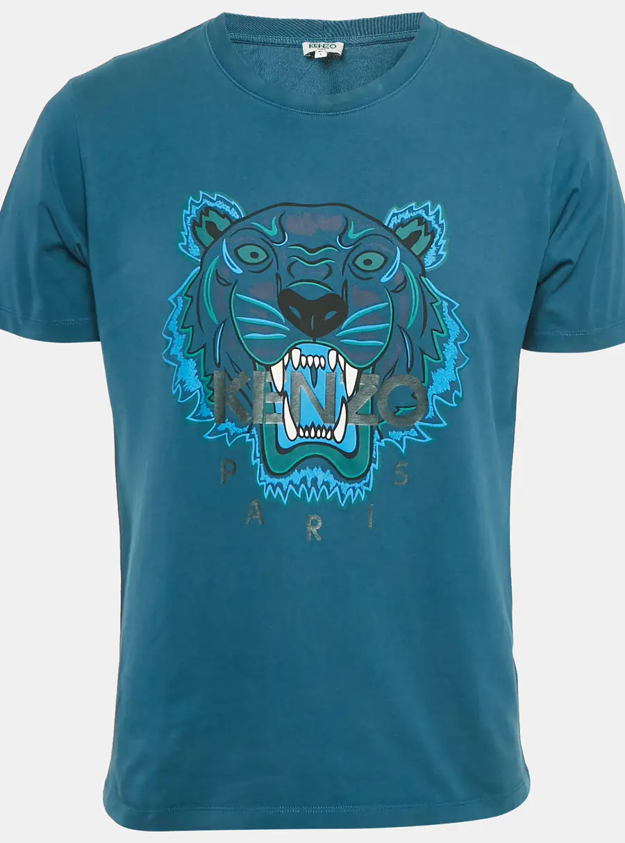 Kenzo Teal Blue Tiger Print Jersey Crewneck T-Shirt L