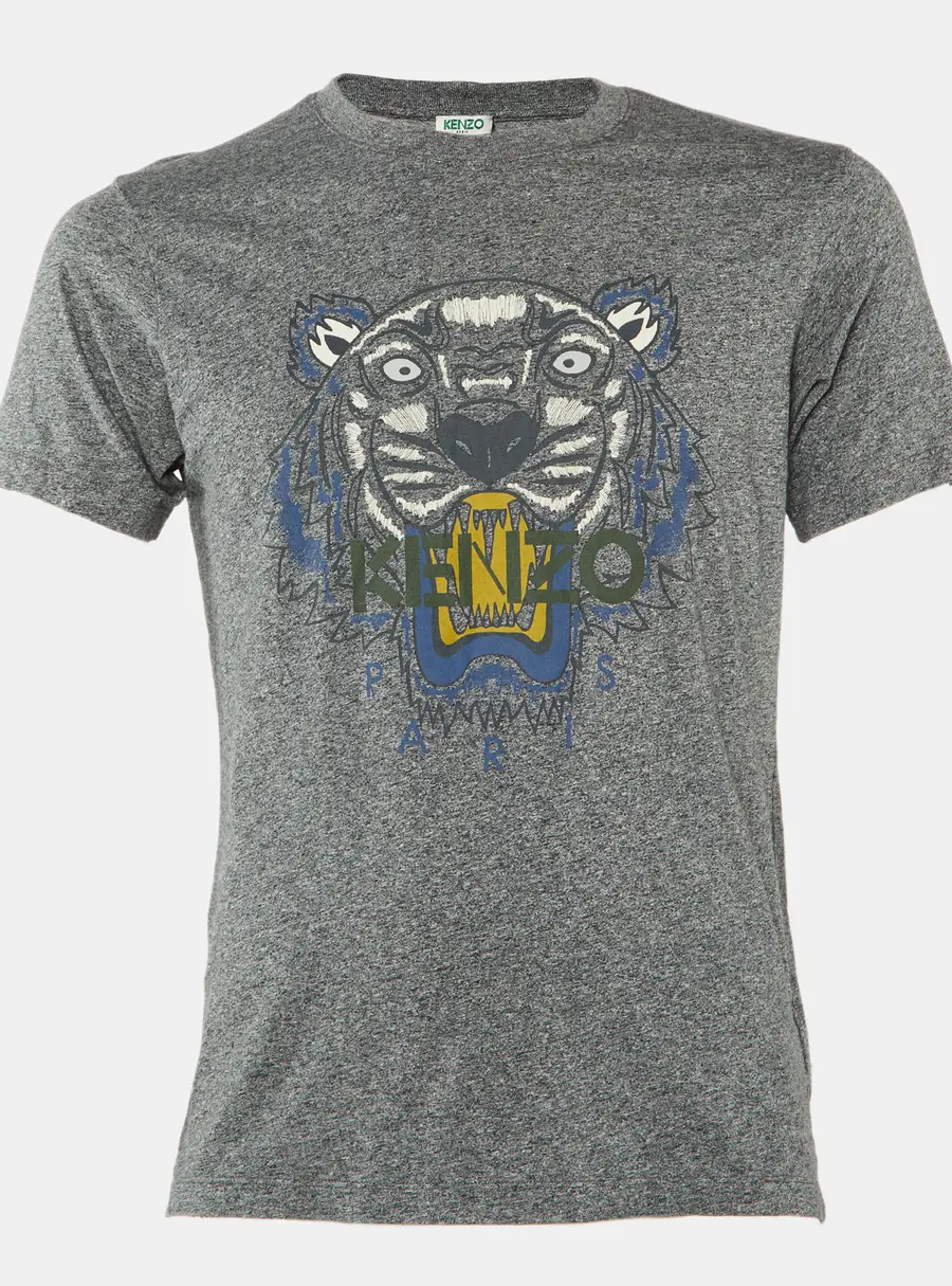 Kenzo Grey Tiger Print Melange Cotton Crew Neck T-Shirt S