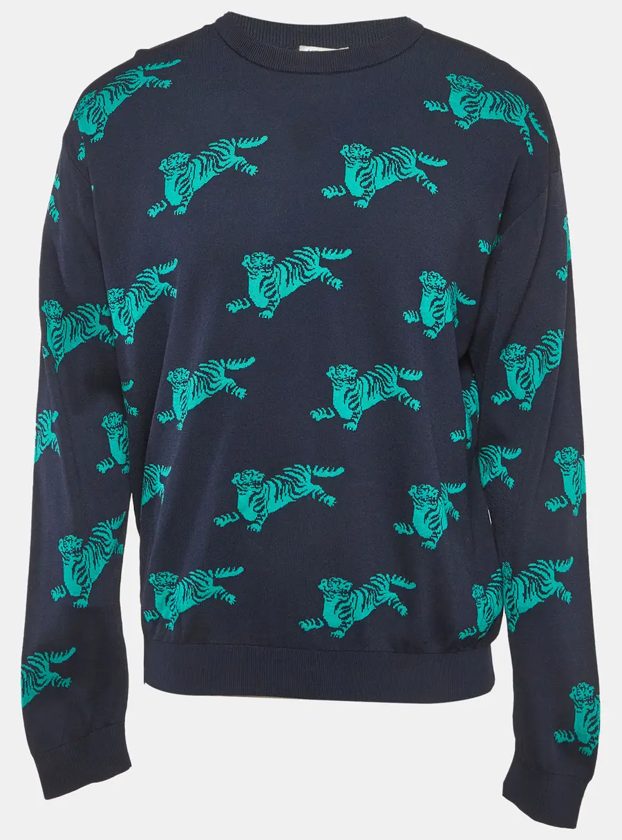 Kenzo Navy Blue All Over Tiger Pattern Knit Jumper L