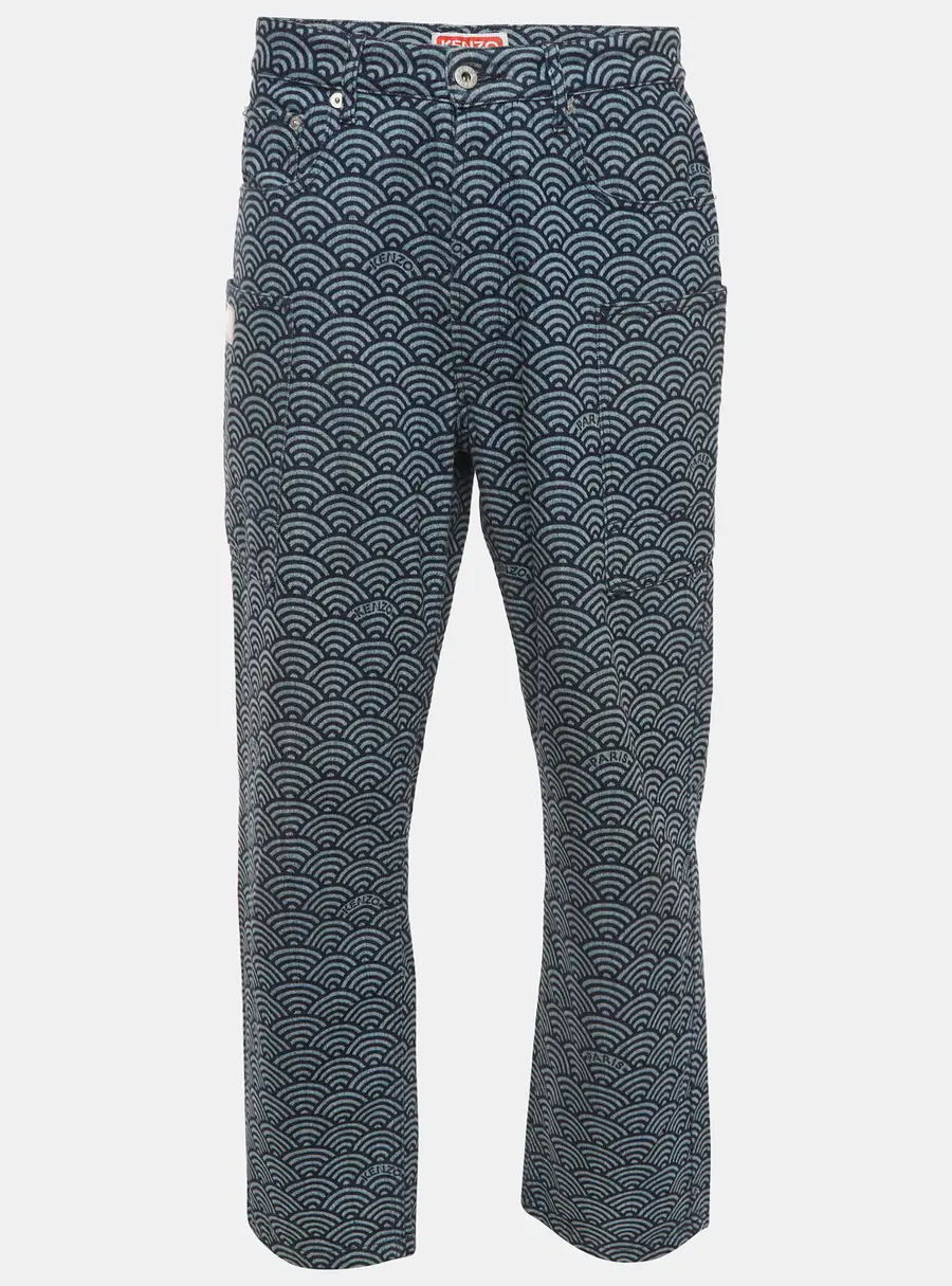 Kenzo Blue Japanese Seigaiha Wave Print Denim Cargo Jeans S/Waist 34"