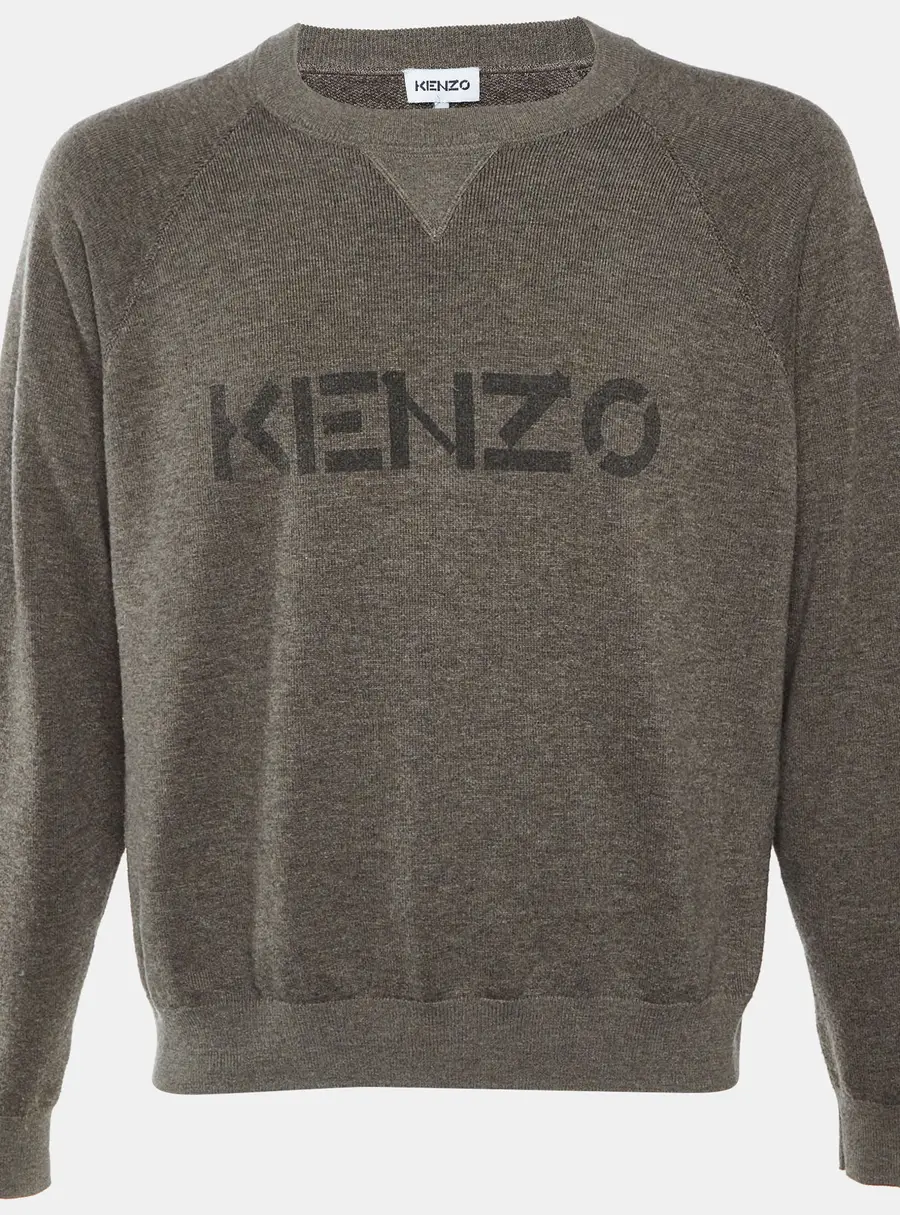 Kenzo Two Tone Logo Wool Knit Crew Neck Sweater M