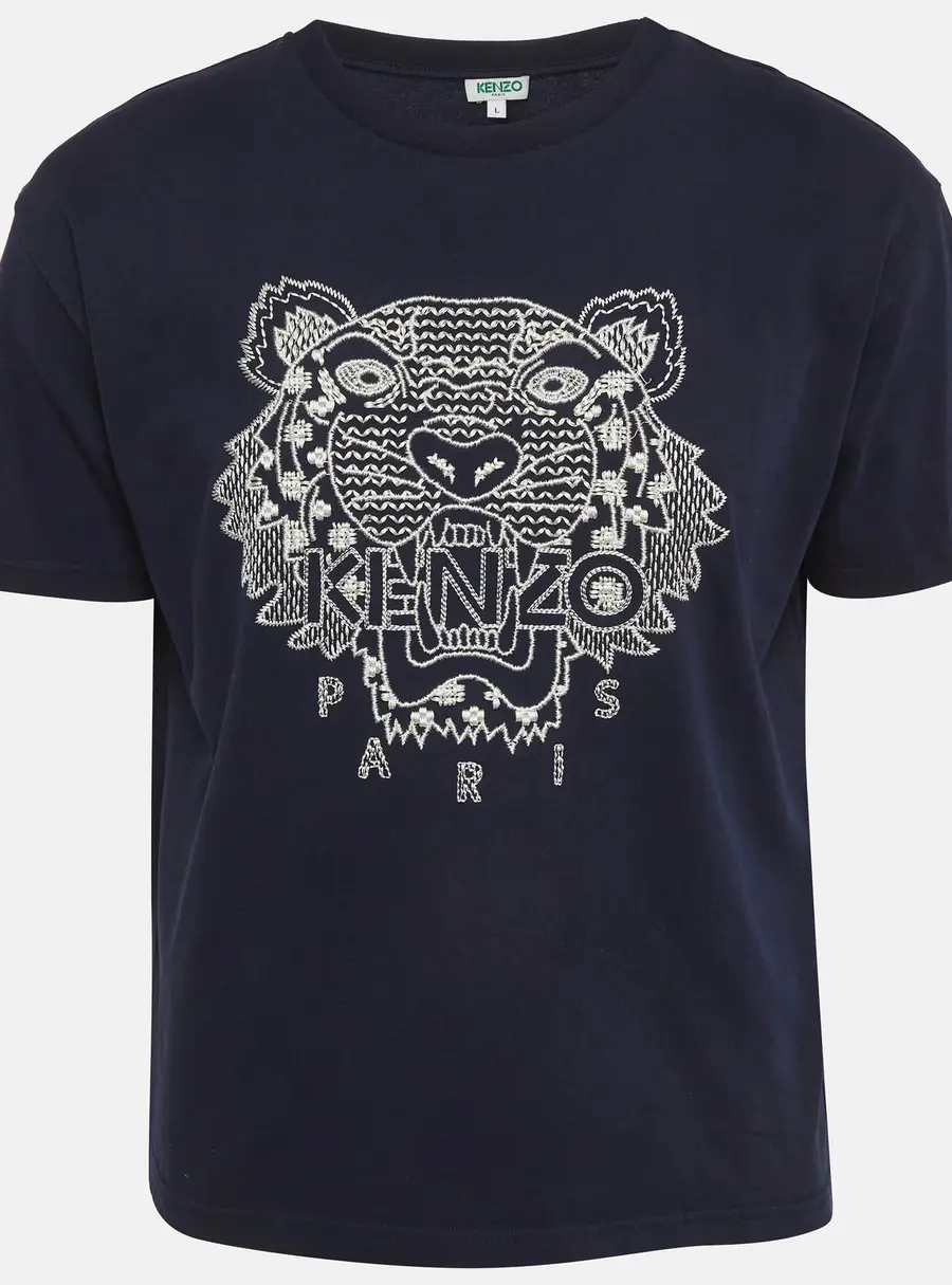 Kenzo Navy Blue Tiger Logo Embroidered Jersey T-Shirt L