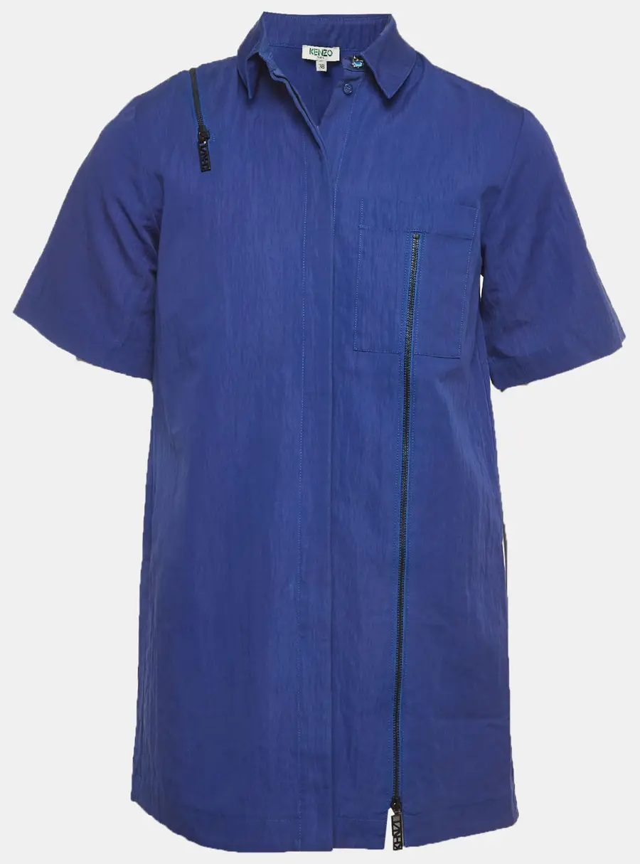 Kenzo Blue Zip Detail Cotton Blend Button Up Shirt S