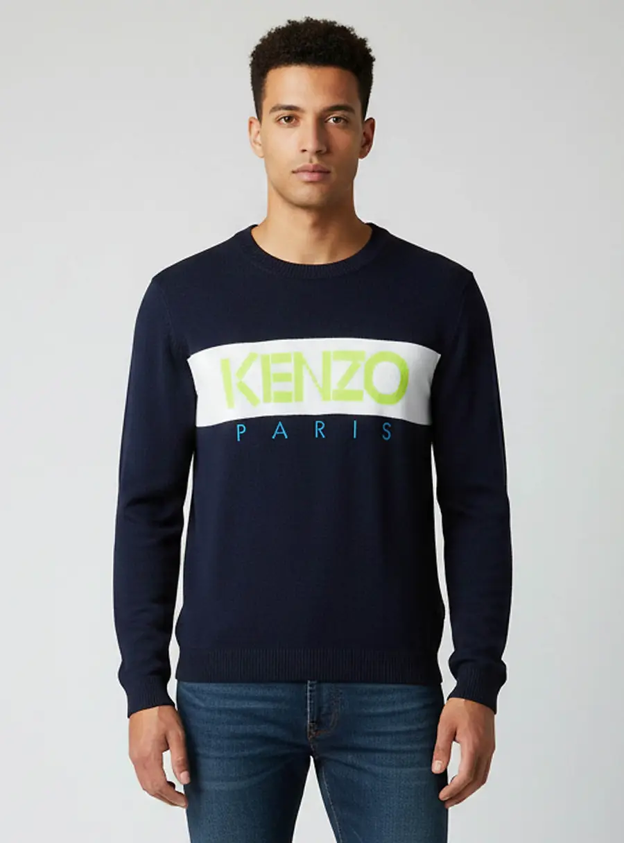 Kenzo Navy Blue/Neon Logo Detail Stripe Intarsia Knit Crewneck Sweater M