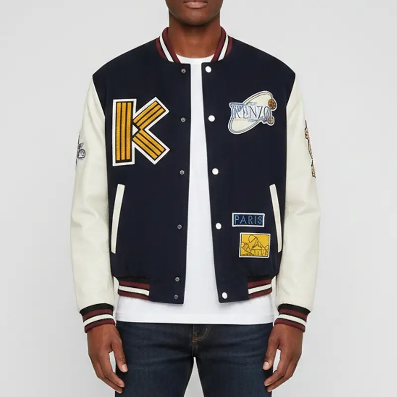 Kenzo Navy Blue Logo Patch Wool and Leather Varsity Bomber Jacket S