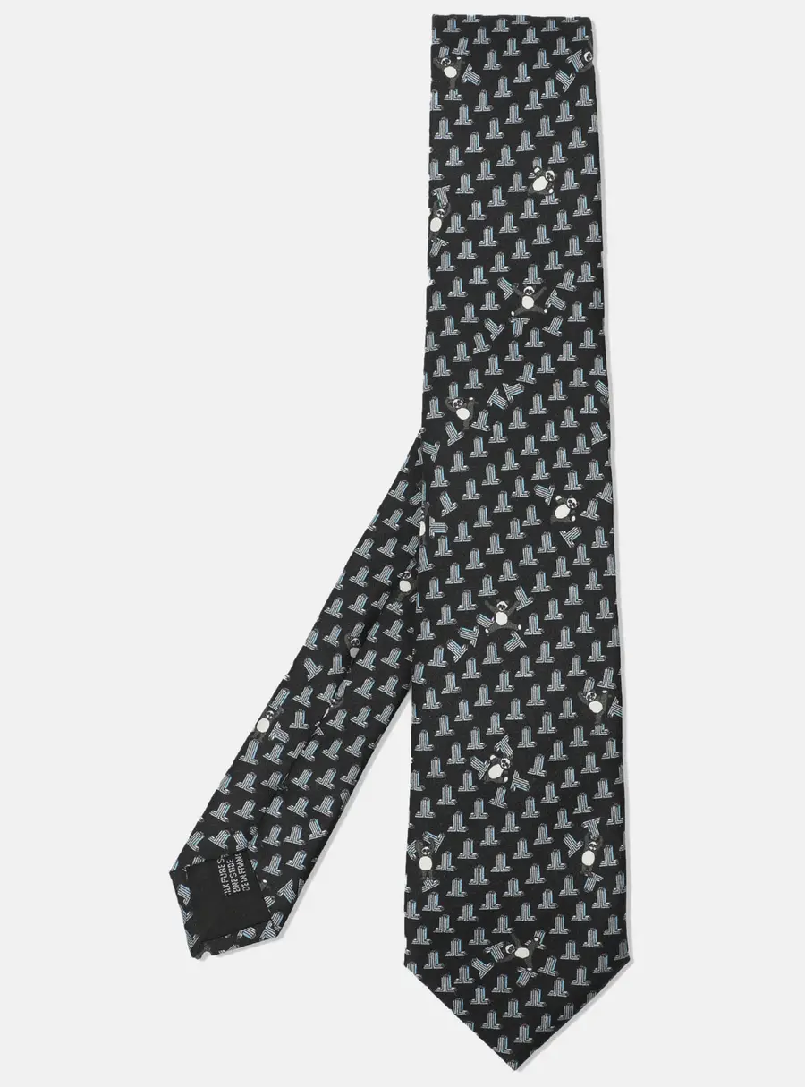Lanvin Black/Blue Printed Silk Panda Motif Neck Tie