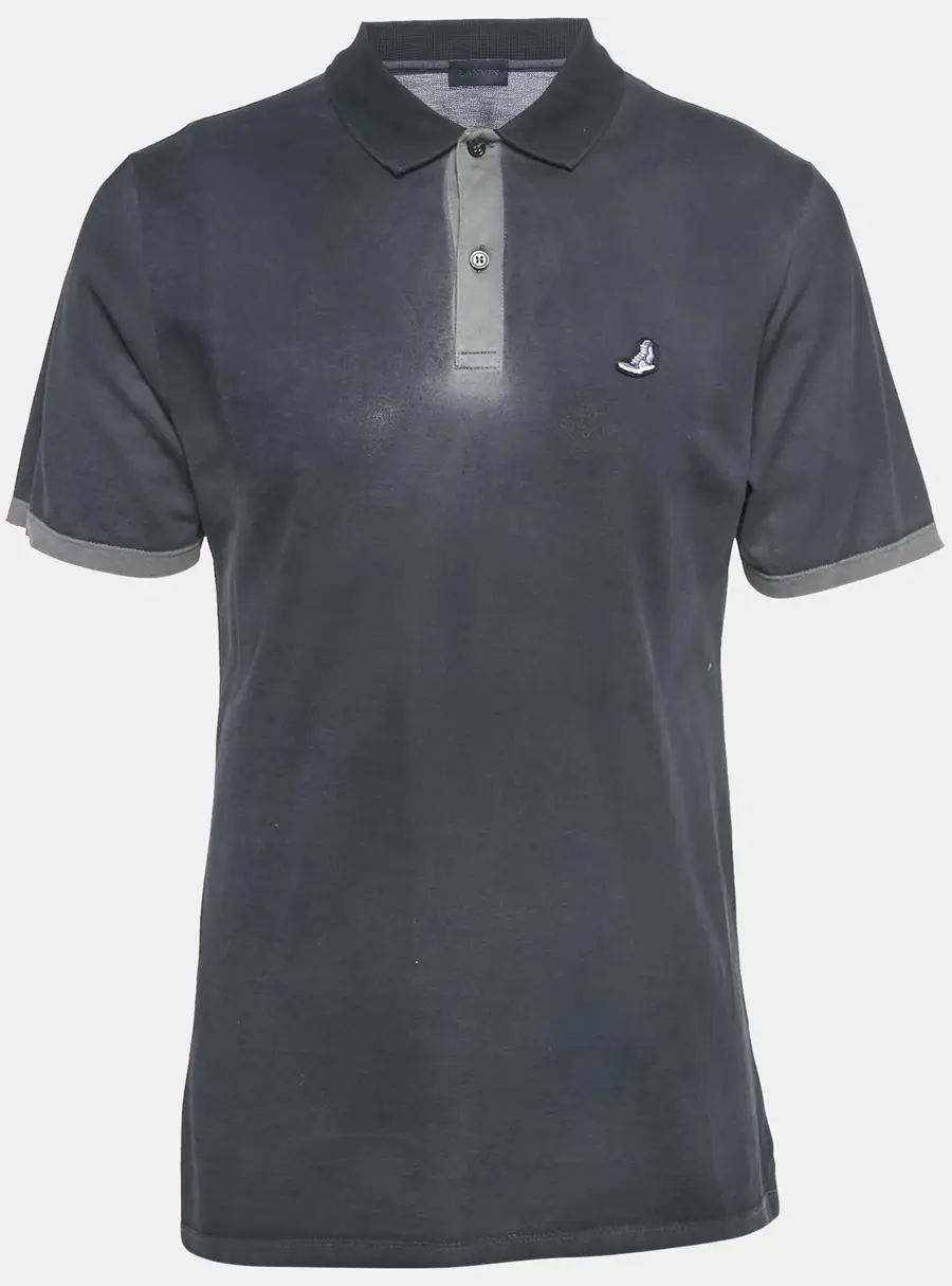Lanvin Navy Blue Embroidered Cotton Distressed Polo T-Shirt XL