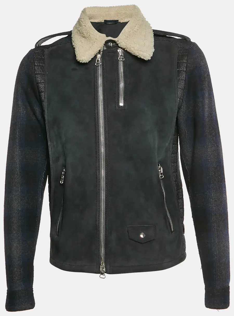 Lanvin Black Wool Blend and Suede Shearling Collar Moto Jacket XL