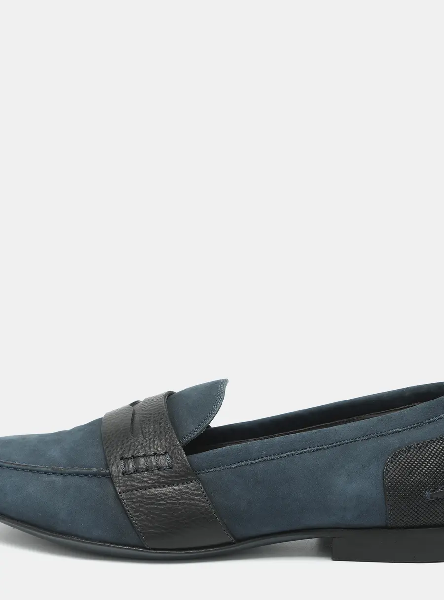 Lanvin Size 44 Navy Blue/Black Leather and Suede Penny Loafers