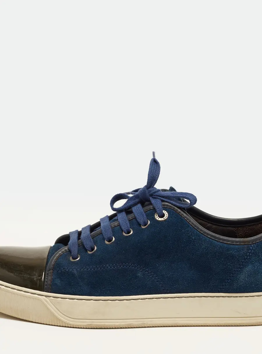 Lanvin Size 42 Navy Blue/Dark Green Patent Leather and Suede Low Top Sneakers