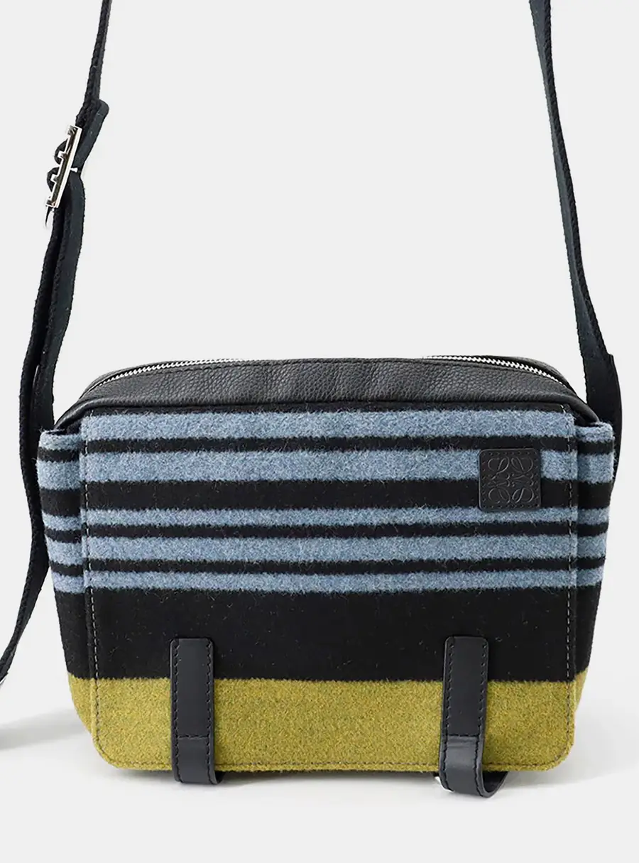 Loewe Military Messenger XS Black Khaki Grey Calfskin Leather Wool Crossbody Bag