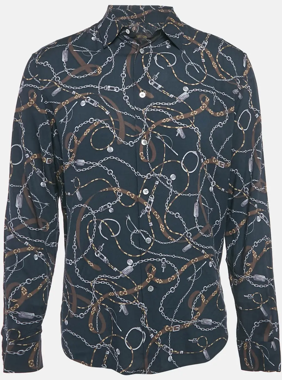Louis Vuitton Navy Blue Twisted Chain Print Crepe Long Sleeve Shirt M