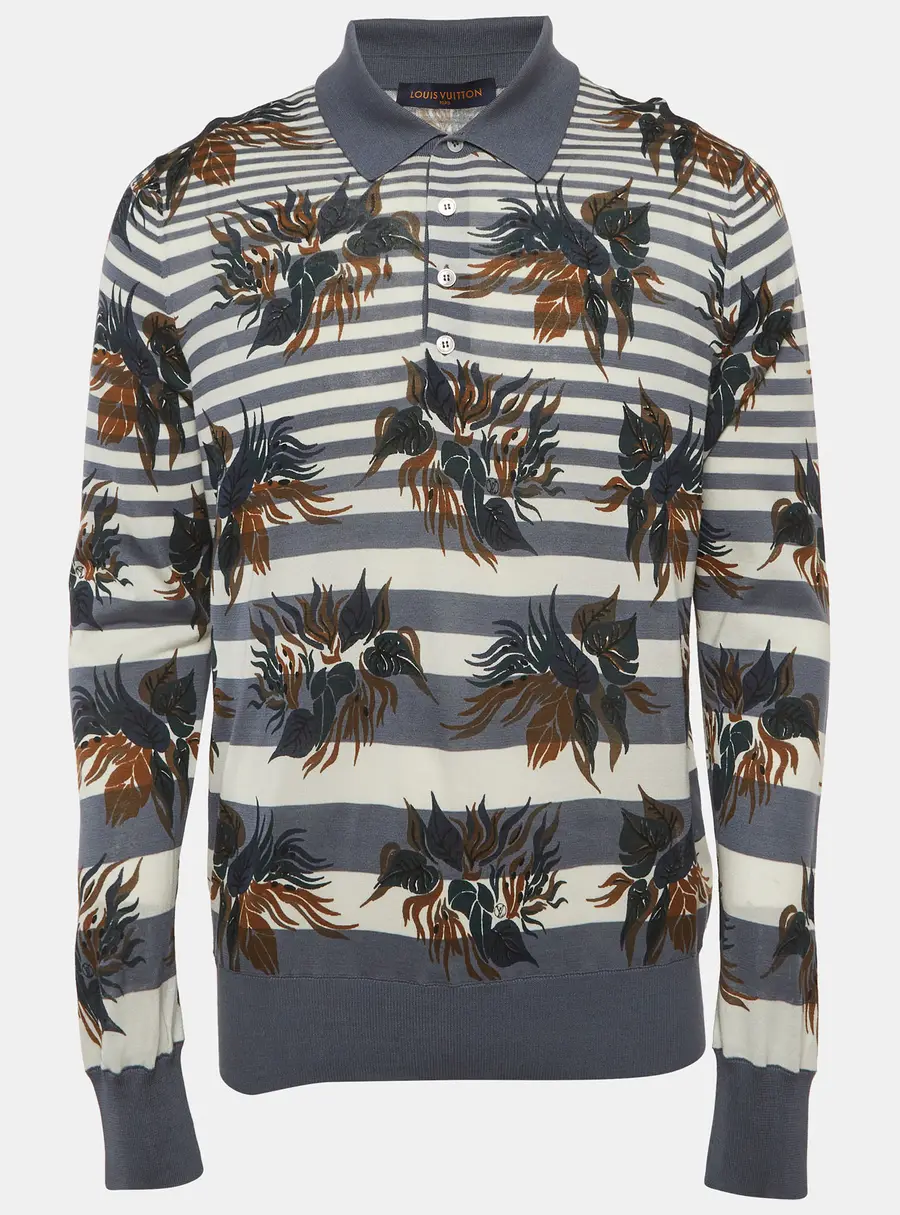 Louis Vuitton Blue Striped Floral Cotton Polo T-Shirt L