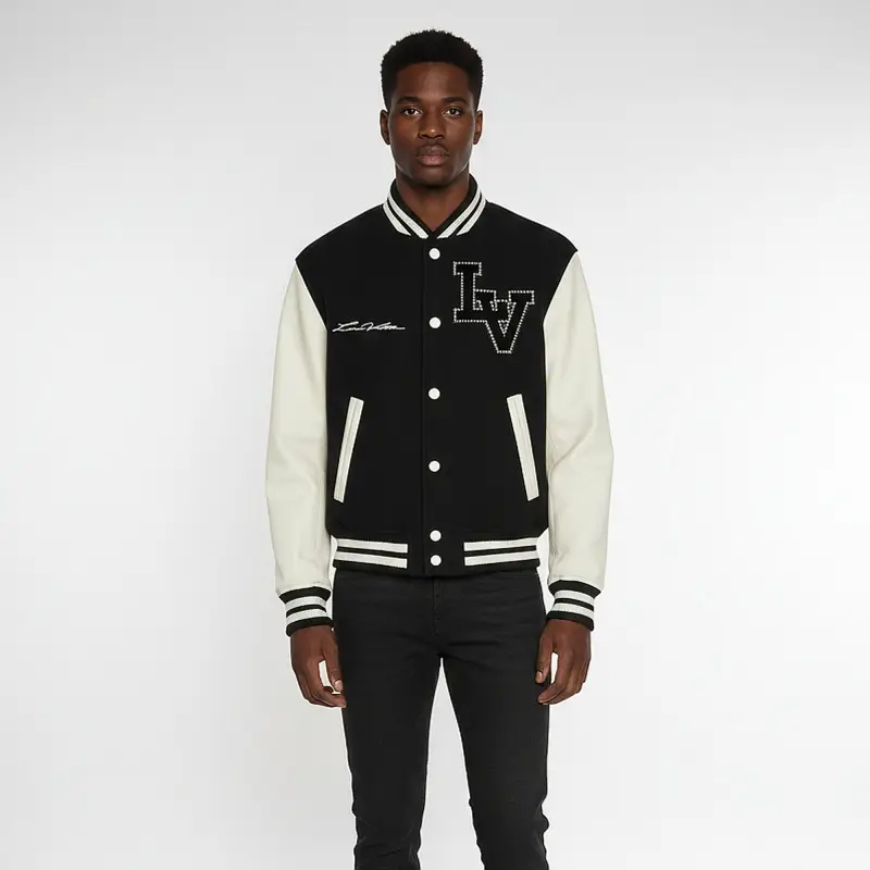 Louis Vuitton Black Wool and Leather Blouson Varsity Jacket L