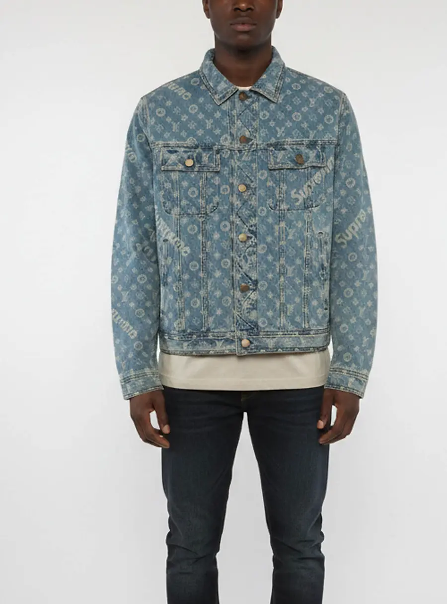 Louis Vuitton X Supreme Blue Denim Monogram Jacquard Trucker Jacket XXXL