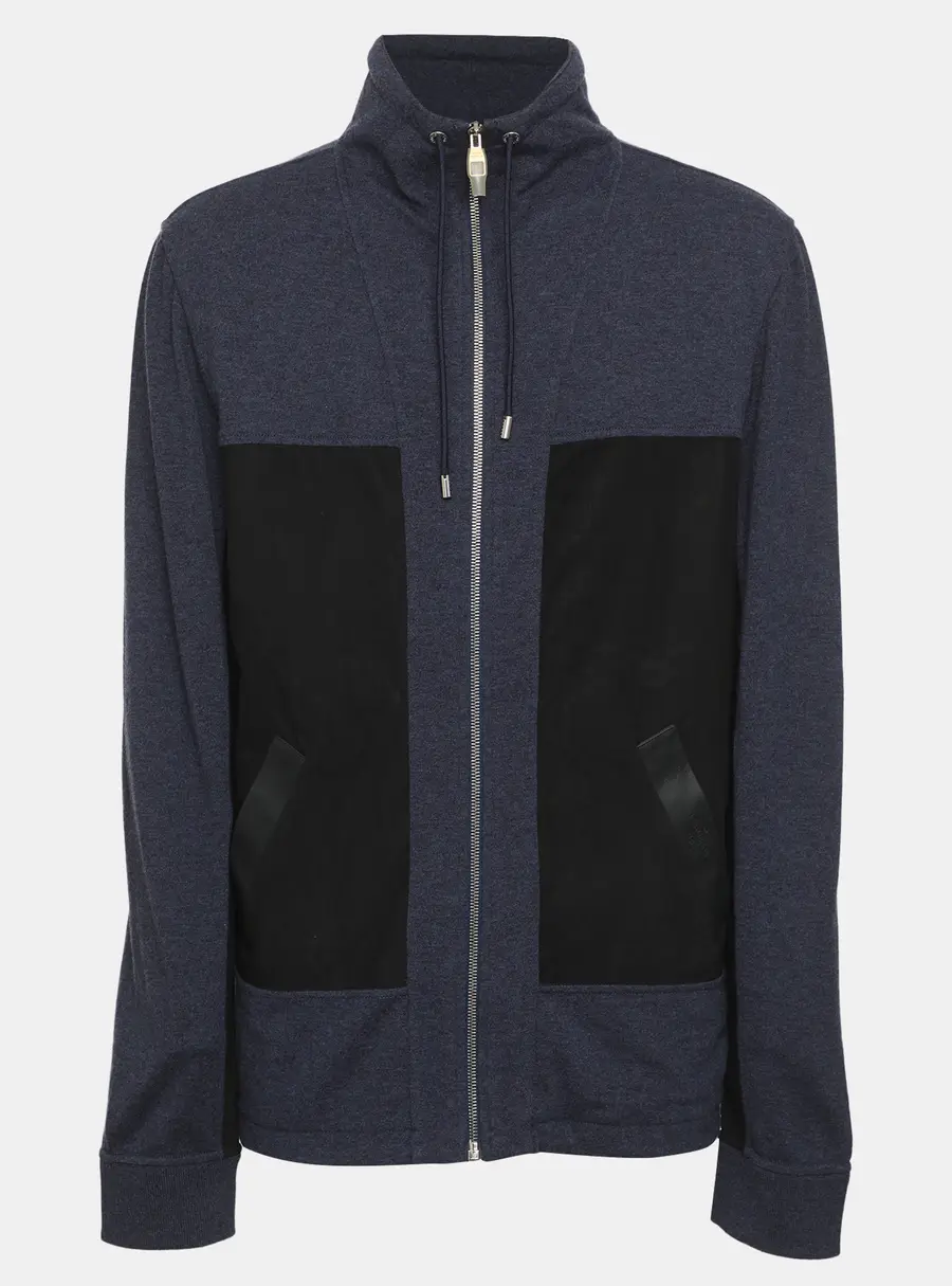 Louis Vuitton Blue/Black Wool Blend and Leather Pullover Cardigan XL