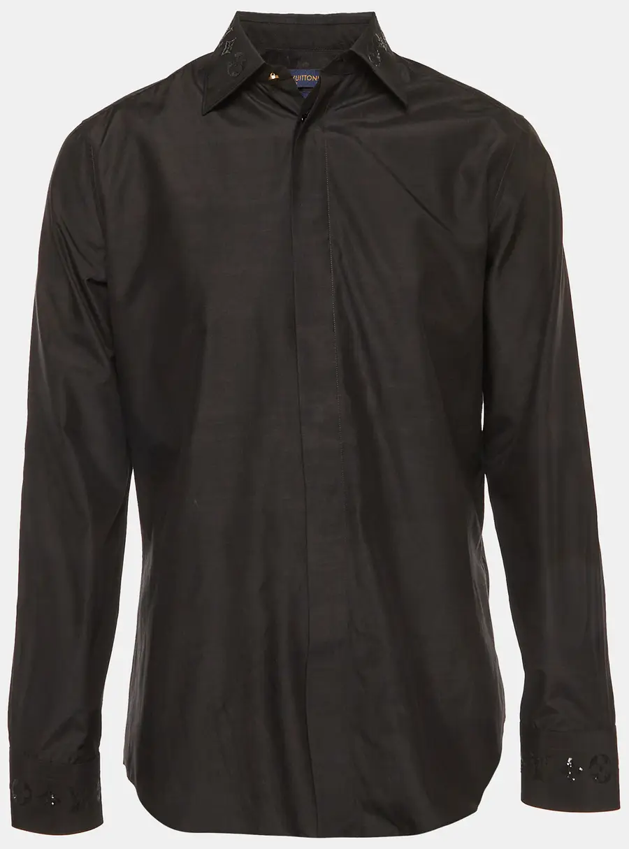 Louis Vuitton Black Logo Sequin Embroidered Poplin Long Sleeve Shirt M
