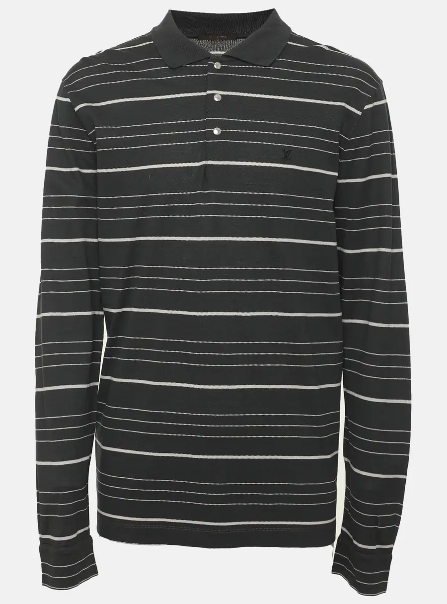 Louis Vuitton Grey/White Striped Cotton Long Sleeve Polo Shirt XL