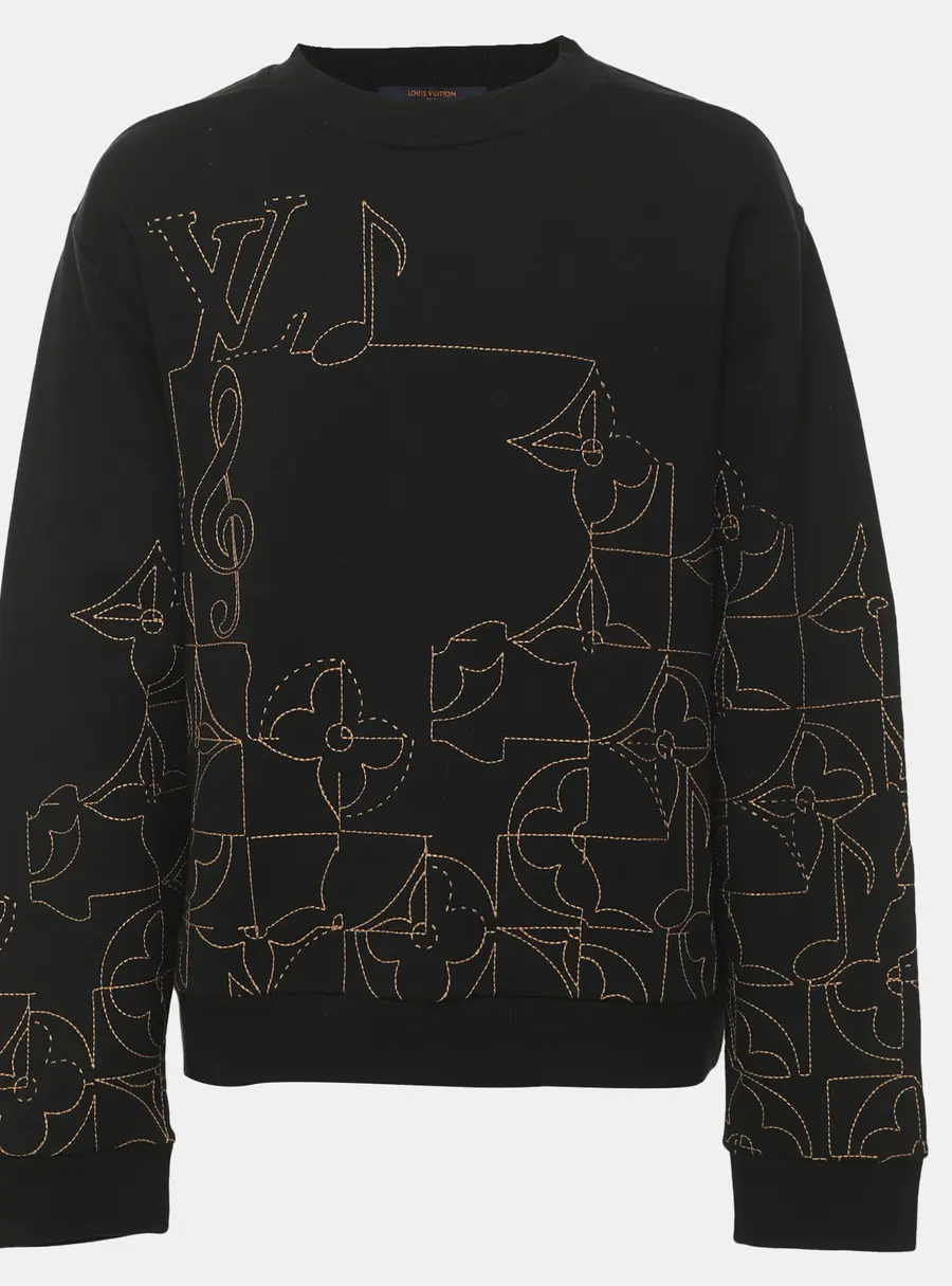 Louis Vuitton Black Jersey Music Line Embroidered Sweater L