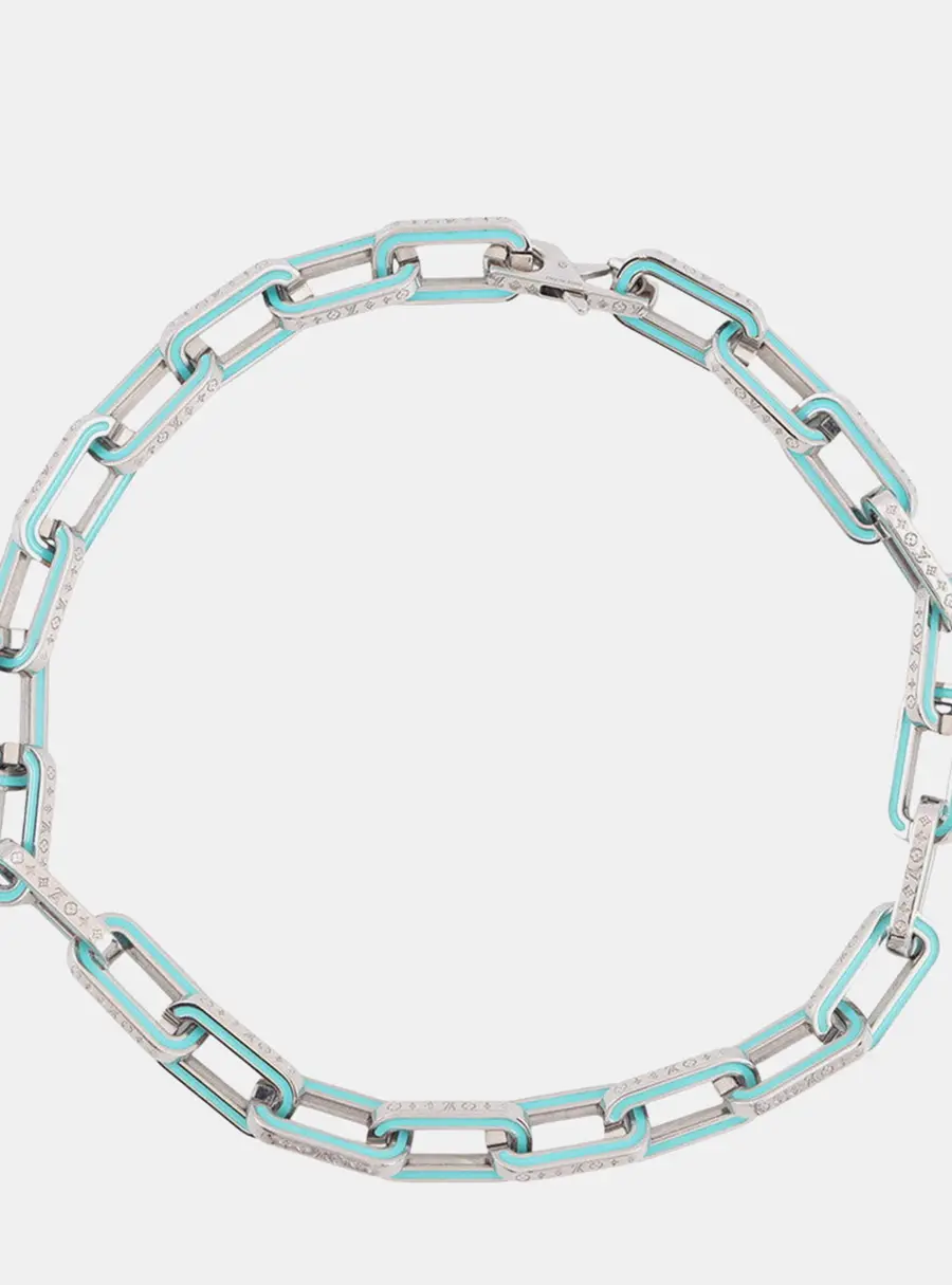 Louis Vuitton Collier Monogram Links Chain Necklace Silver/Turquise Blue Metal