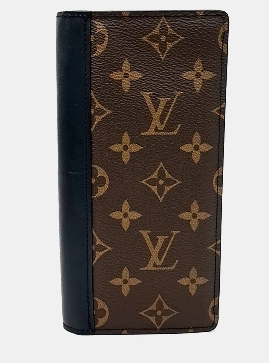Louis Vuitton Brazza Monogram Canvas Macassar Wallet Long Brown Coated Canvas Black Leather Men's Wallets Small Leather Goods Bag