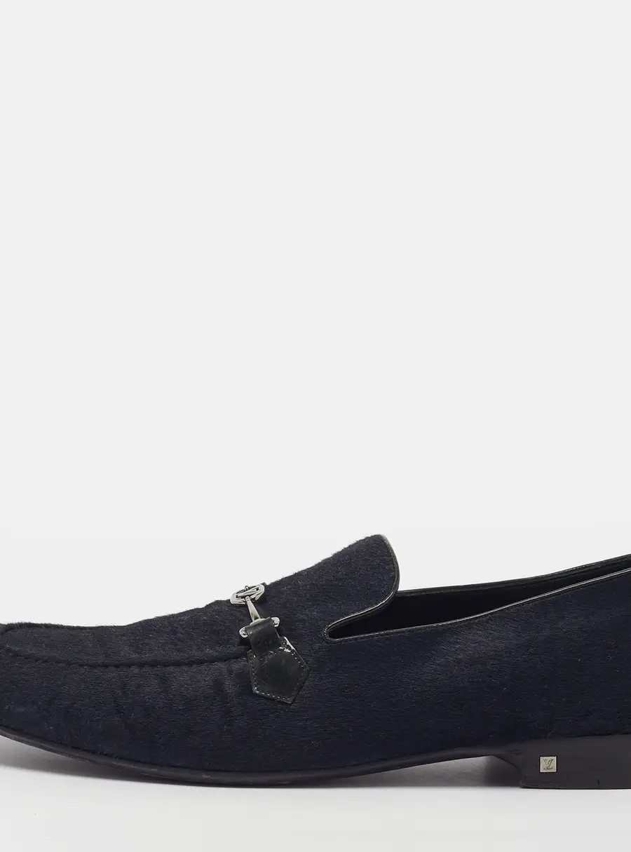 Louis Vuitton Size 44.5 Navy Blue Calf Hair Logo Smoking Slippers