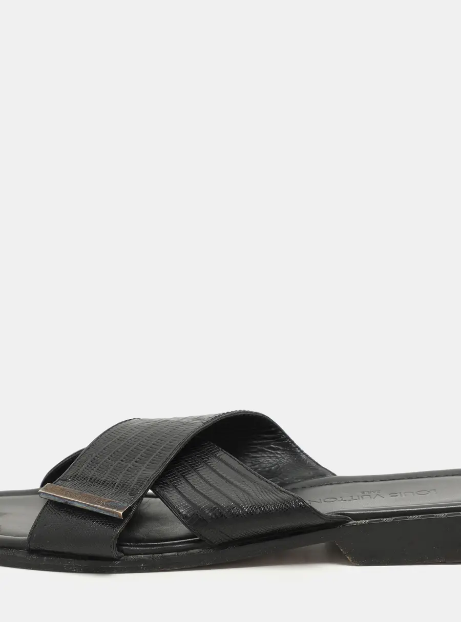 Louis Vuitton Black Lizard Leather Criss Cross Flats Size 43.5