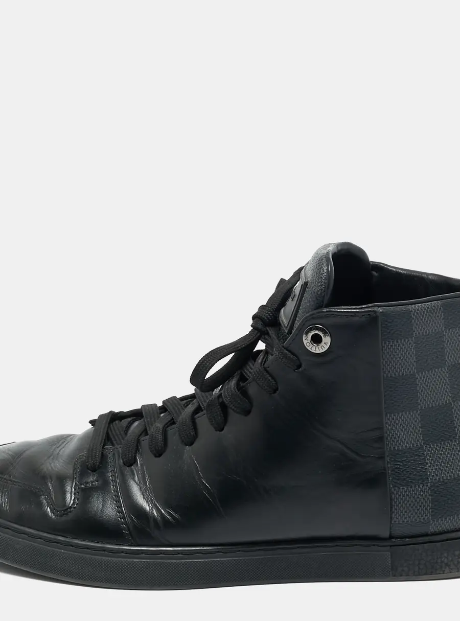 Louis Vuitton Black Leather and Damier Canvas High Top Sneakers Size 39