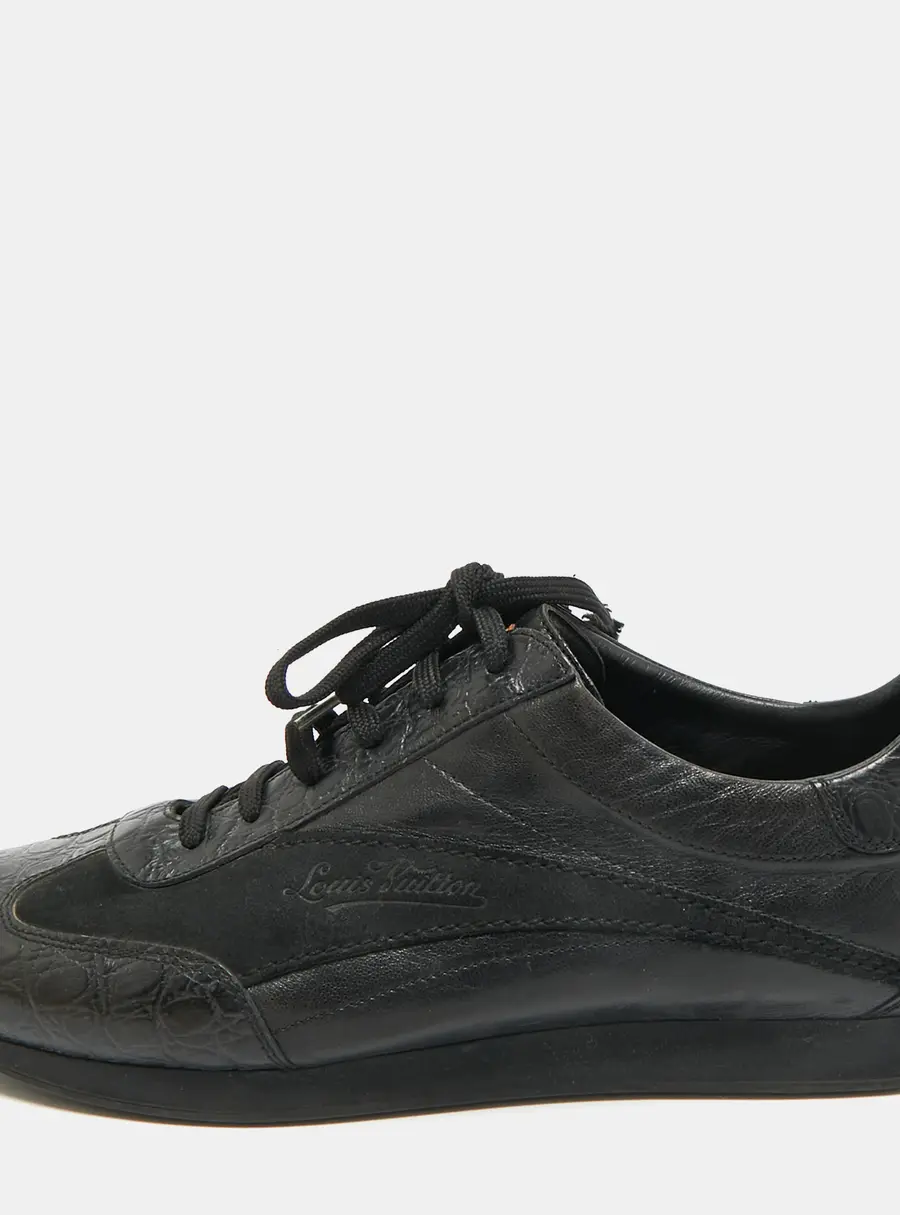 Louis Vuitton Size 41.5 Black Croc Embossed Leather and Suede Lace Up Sneakers
